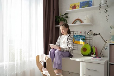 A young girl sits barefoot on a white desk in her sunlit bedroom, focused on using a digital tablet