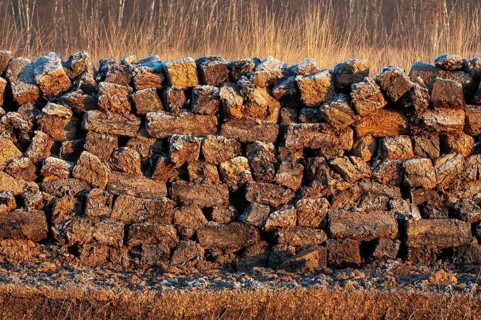 Peat cut in sod in a wintry moor, Goldenstedt, Lower Saxony, Germany