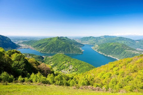 View of Lake Lugano from Mount Sighignola, Balcone Svizzero, Tessin, Switzerland