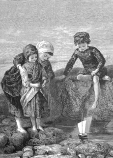 The fisherman's Children Playing by the Sea with a Toy Ship, 1869, France, Historic, digitally