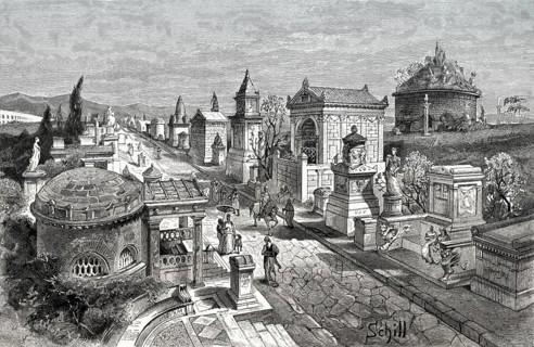 The Appian Way or Via Appia near ancient Rome, reconstruction