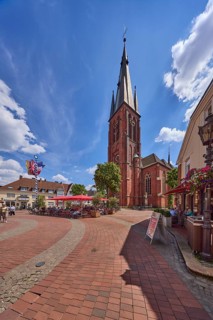 St Sixtus Church with maypole on the market square in Haltern am See, Ruhr area, Recklinghausen