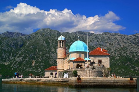 Montenegro, Gospa island, view of Perast, Montenegro