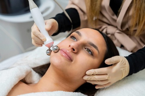 Young woman relaxing during a professional aesthetic procedure using an advanced rf lifting device