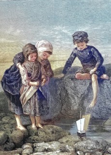 The fisherman's Children Playing by the Sea with a Toy Ship, 1869, France, Historic, digitally