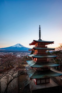 Five-story pagoda of a Shinto Shrine, Chureito Pagoda, with views of Fujiyoshida City and Mount