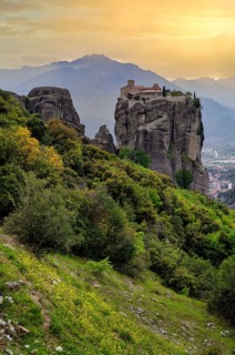 Sunset over Agia Triada Monastery, known as James Bond Monastery, Metéora Monasteries, Kalambaka,