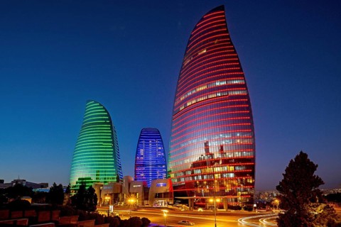 Azerbaijan, Baku, Flame Towers at night, Europe, Asia