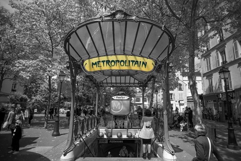 Art Nouveau entrance, Abbesses station built around 1900, black and white, Paris, France