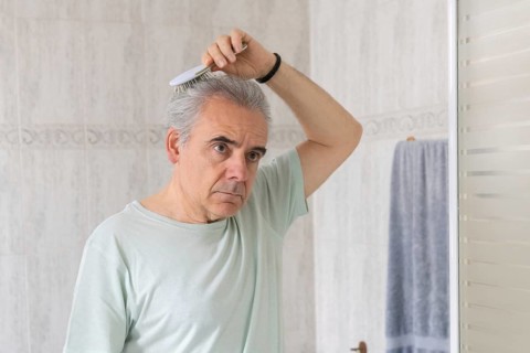 A mature man with gray hair stands in a bathroom, brushing his hair while looking in the mirror. He