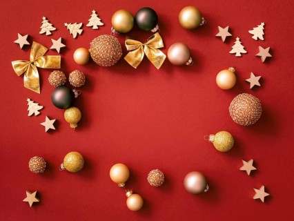 Christmas decoration, red background, Merry Christmas, gifts, Christmas balls, bows, studio,