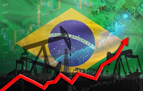 Oil production with Brazilian flag, petrol industry. Oil pumps with Brazil flag