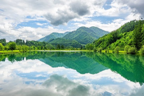 Landscape of Lake Elisabethsee on a rainy day in spring, Austria