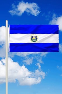 Flag of El Salvador, Central America, Cumulus clouds in front of blue sky, Studio