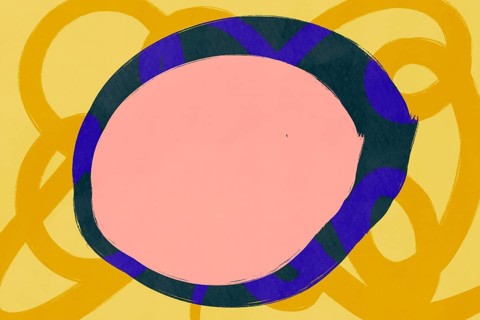 A minimalist abstract illustration featuring vibrant oval and circular shapes in shades of pink,