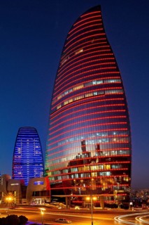 Azerbaijan, Baku, Flame Towers at night, Europe, Asia
