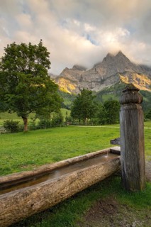 Wooden fountain on the Eng-Alm, Eng-Alm, Karwendel Mountains, Tyrol, Austria