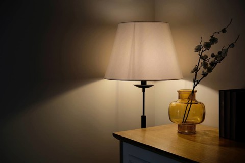 Cozy home interior detail. Warm light from a floor lamp illuminates a corner with an amber glass