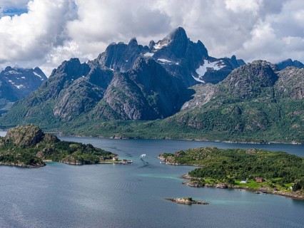Aerial view over the Raftsund, the waterway between Lofoten and Vesteralen island, Norway