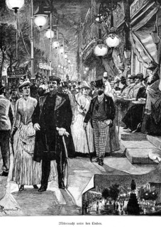 Midnight under the Linden, Berlin, boulevard, many people, distinguished clothes, top hat, lamps,