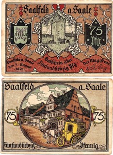 Banknote, emergency money, war emergency money, 75 Pfennig, town of Saalfeld an der Saale, 1921,
