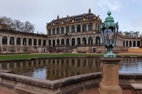 Scenic view of the Zwinger Palace in Dresden, Germany, showcasing its intricate Baroque