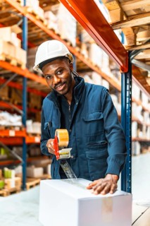 African smiling worker taping boxes closed before delivery in a shipping warehouse