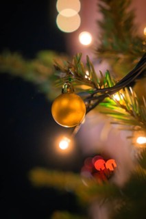 Close-up of a fir branch with golden ball and fairy lights, Christmas atmosphere, Christmas market,