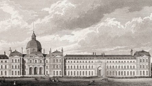 The Hôpital universitaire Pitié-Salpêtrière, antique steel engraved print, 1831