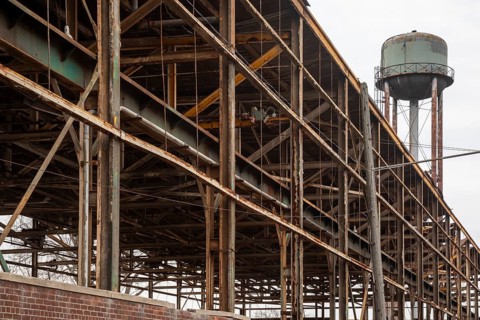 Detroit, Michigan - The framework of an old industrial building near the Detroit River, part of a