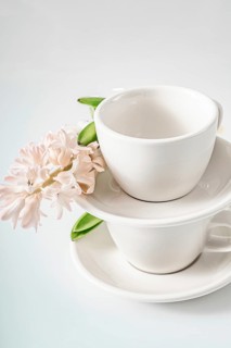 Elegant white cups stacked with a delicate pink hyacinth flower and green leaves on a soft