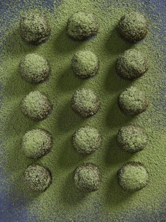 Bliss balls or energy balls made with dates and nuts sprinkled with matcha green tea. Placed in a