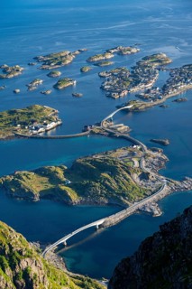 Bridges connecting numerous small rocky islands, archipelago islands, view of Henningsvær, Vågan,