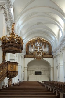 Interior view with organ and pulpit of the baroque St. Salvator Cathedral, baroque, Fulda, Hesse,