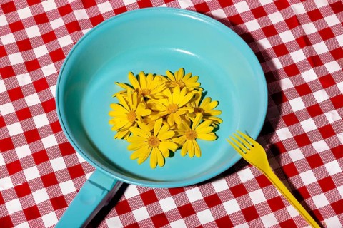 A vibrant scene featuring bright yellow flowers arranged in a blue pan, accompanied by a yellow