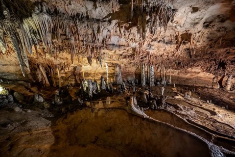 Stalactites and stalagmites, rock formations in a stalactite cave with water basin, Grotta del