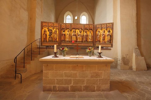 Winged altar of the Romanesque monastery church Drübeck, interior view, monastery, Drübeck, Harz,