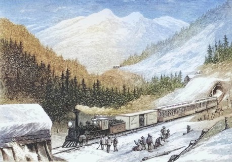 Steam train transporting US mail through the Sierra Nevada in the 1870s, America, digital