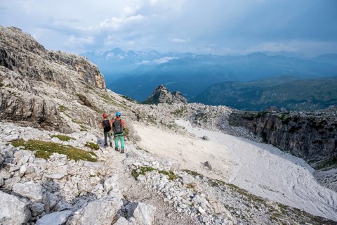 Climbers on a hiking trail, rocky mountain landscape, Via Ferrata SOSAT via ferrata, Brenta