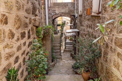 Narrow alley in the old town of Sartene, Corsica, France