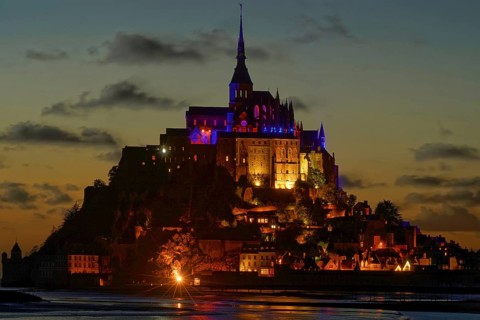 France, Normandy, monastery island, Le Mont-Saint-Michel, night view, Normandy, France