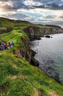 Walkers on footpath, coastline between Ballycastle and Ballintoy, viewpoint, cliffs, Causeway