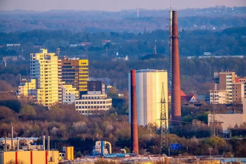 View of Gelsenkirchen, city center, high-rise residential buildings, right district heating storage