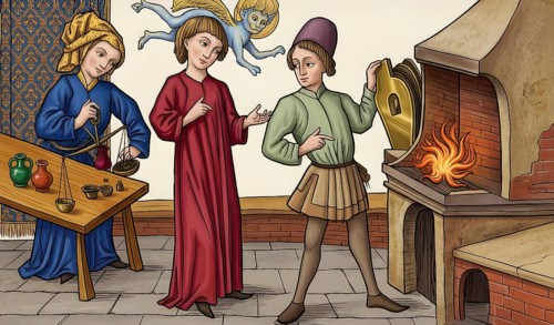 Alchemical laboratory, historical illustration around 1470, digitally edited, alchemy, chemistry,
