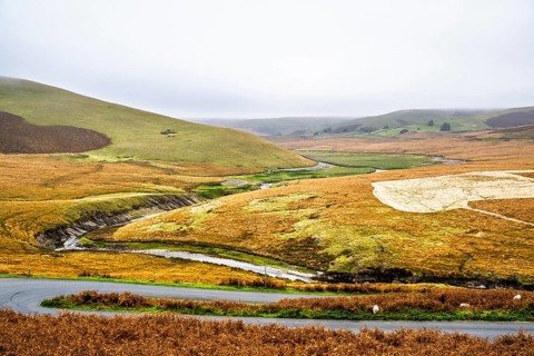 Autumn colors over Elan Valley Reservoir, Rhayader, Powys, Wales, UK