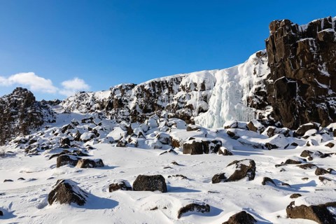 Öxarárfoss, frozen waterfall, lava rock, rock, snow, frost, winter, Golden Circle, Iceland,