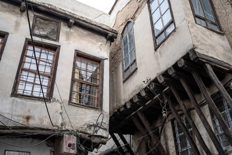 Damascus, Syria. December 10th 2025. Architectural detail of a traditional Syrian Arabic house in
