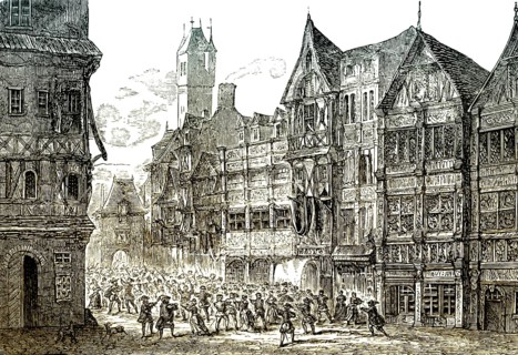 Hitorical street scene in Netherlands, 17th Century, Historische Straßenszene um 1670, Niederlande,
