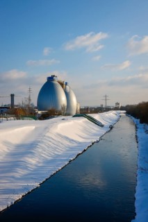 Dortmund, North Rhine-Westphalia, Germany - Sunny winter landscape in the Ruhr area, ice and snow