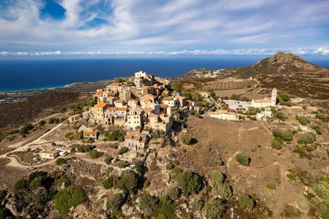 The village of Sant'Antonino in Balagne seen from the air, Corsica, France